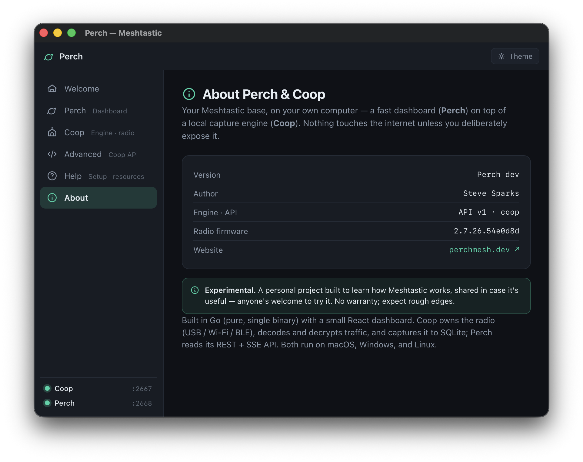 About Perch and Coop: experimental, offline by default