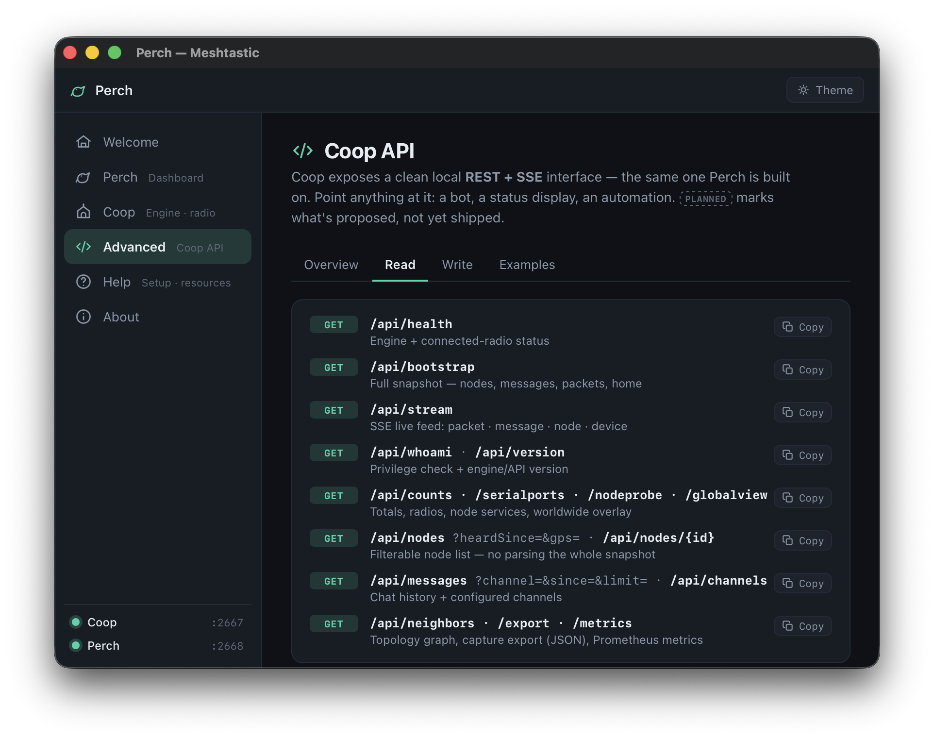 Coop API reference built into the app: read and write REST endpoints with copy buttons