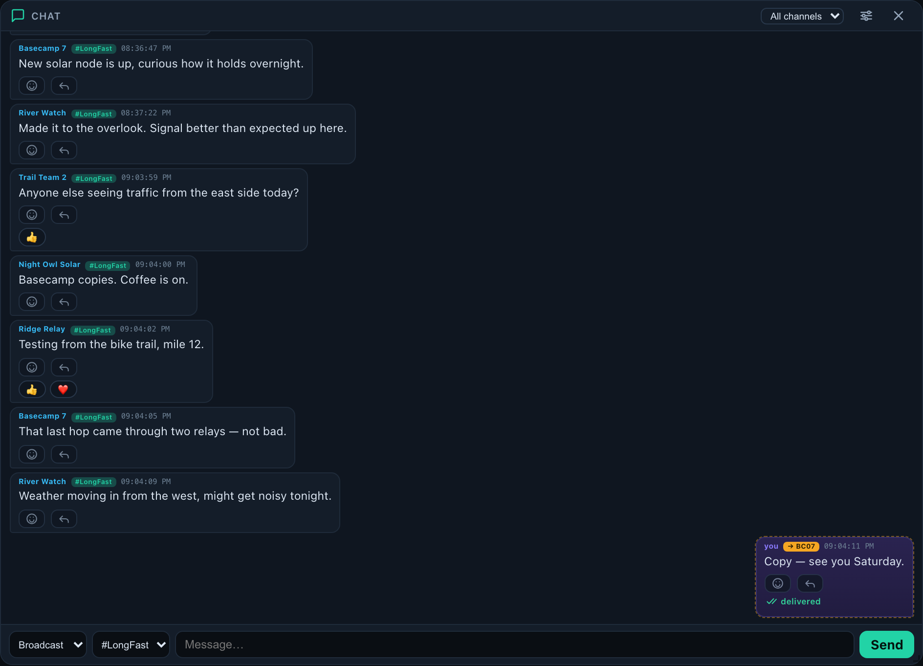 Mesh chat with tapback reactions