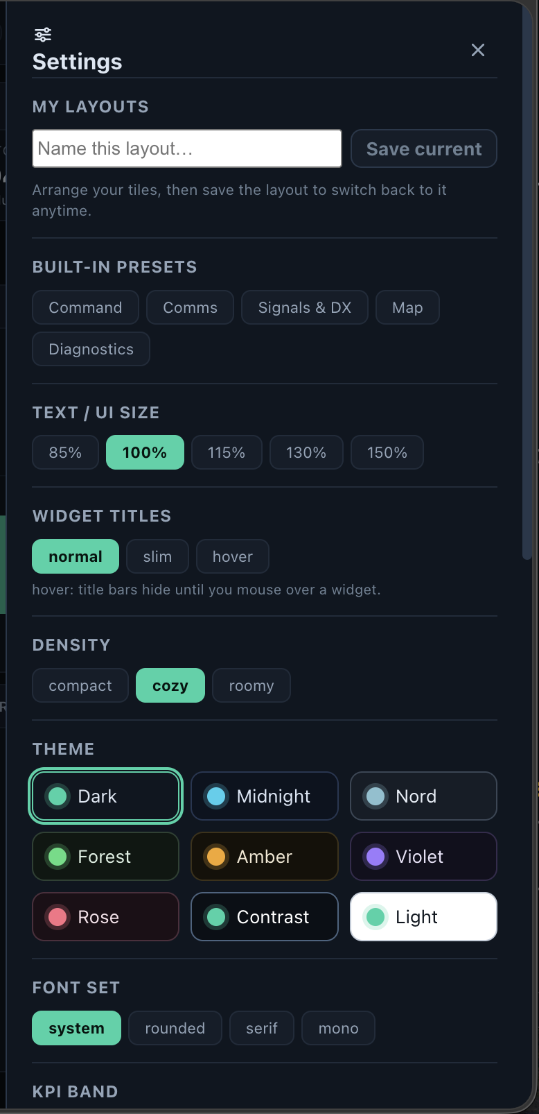 Settings: themes, presets, density, and saved layouts