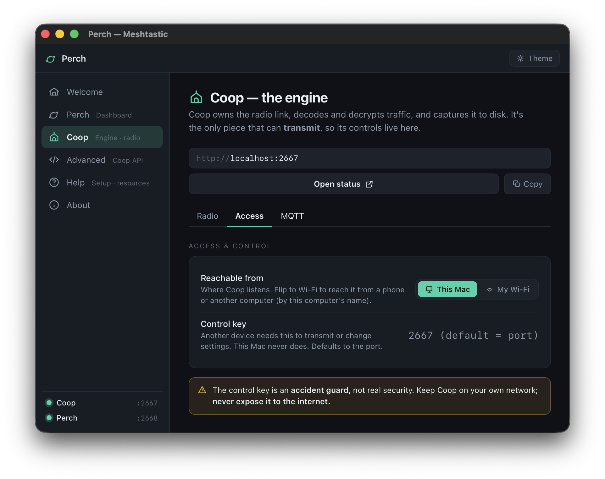 Coop engine: connected radio, region, GPS status