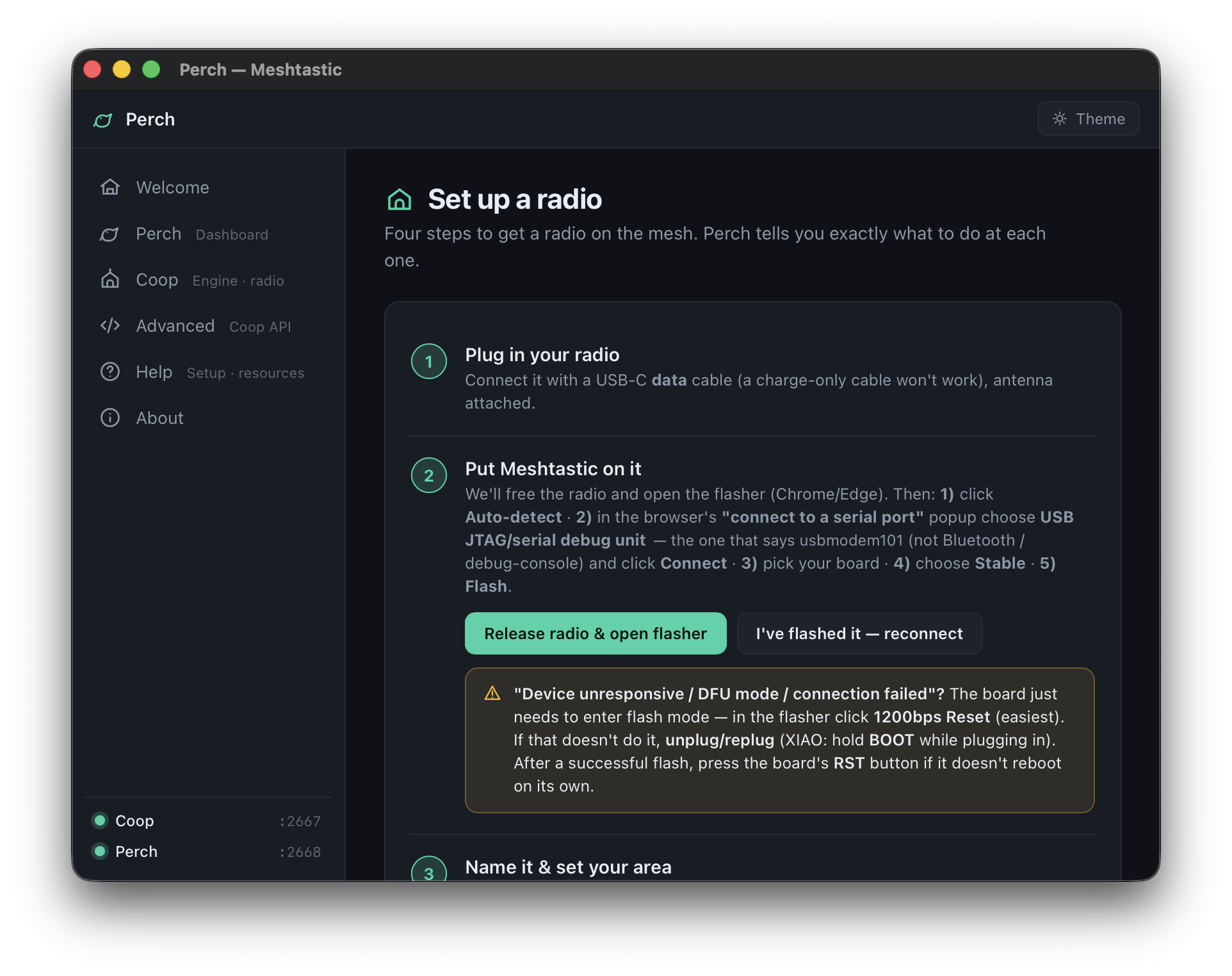 Set up a radio: plug in, flash Meshtastic, name it, join your network